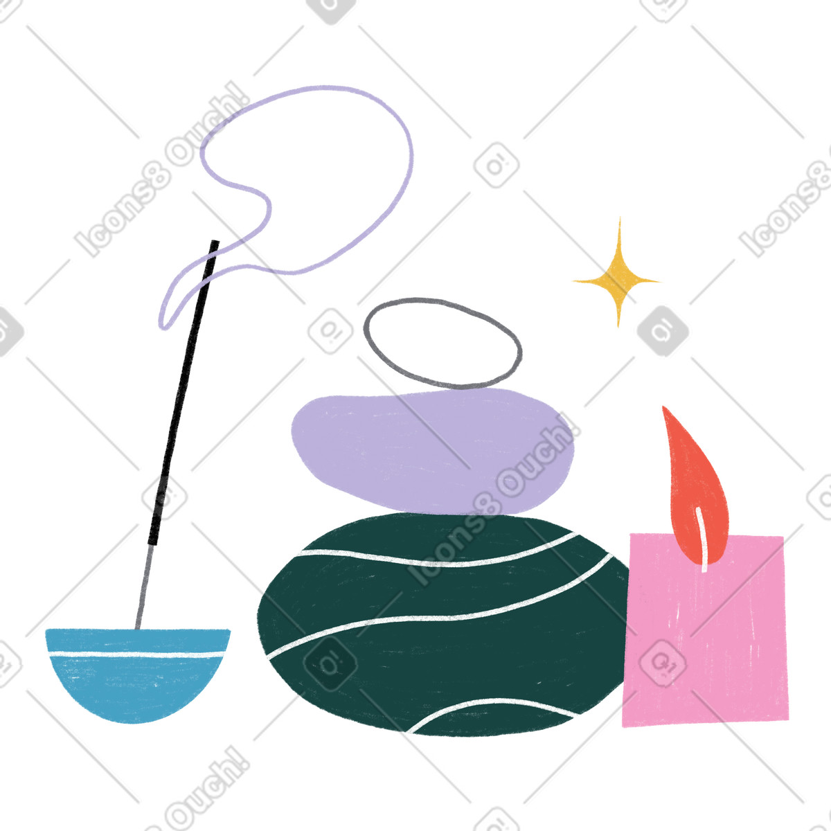Stones, incense and a candle for meditation illustration in Tutti style download in PNG, SVG