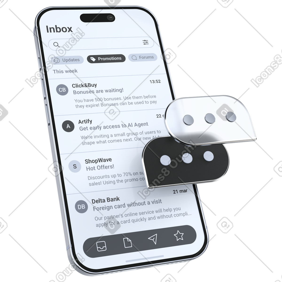 Applicazione di messaggistica e-mail, interfaccia posta in arrivo su dispositivi mobili, piattaforma comunicazione con i clienti. illustrazione stile 3D Pro scarica PNG, SVG