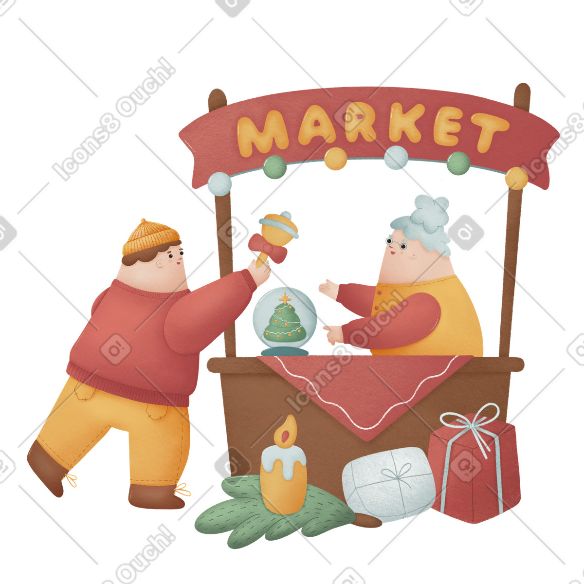 Buying gifts at christmas fair illustration in Woolly style download in PNG, SVG
