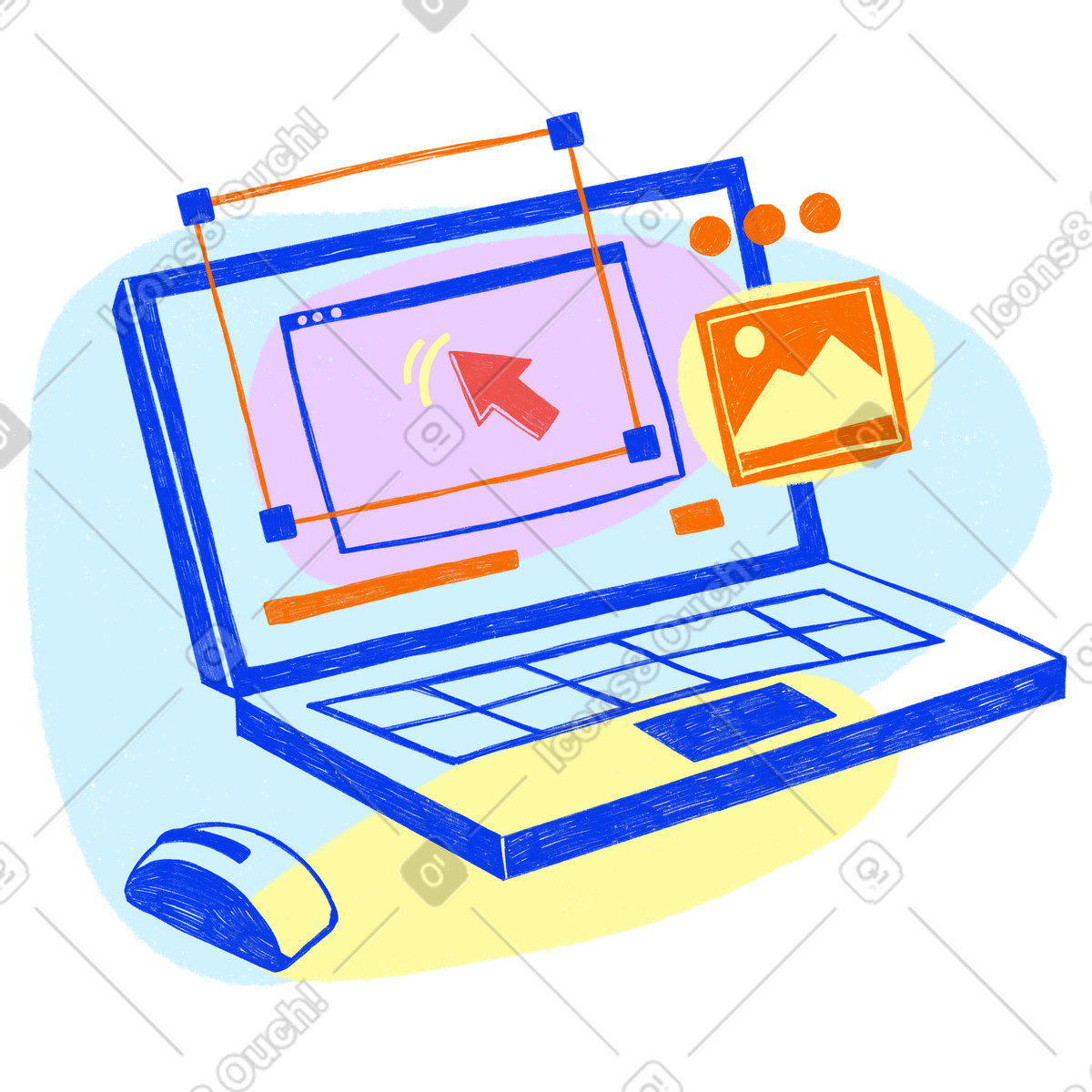 Illustration Blue computer with different elements for website design dans le style Biro à télécharger aux formats PNG, SVG
