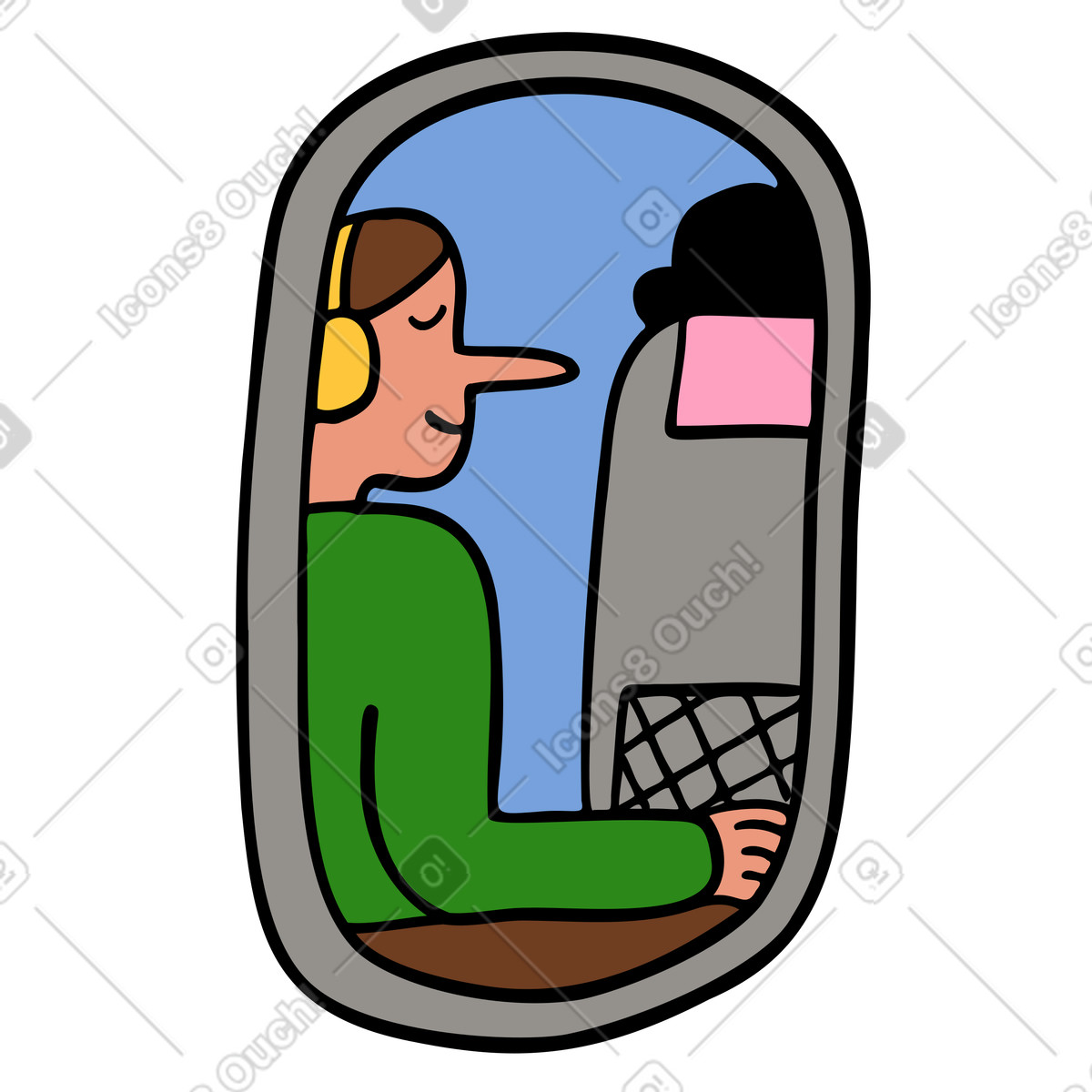 Woman seated by a plane window illustration in Comic style download in PNG, SVG