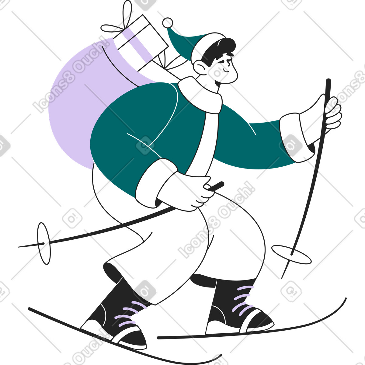 Illustration Homme avec un sac à dos de cadeaux va skier dans le style Sammy Line télécharger aux formats PNG, SVG