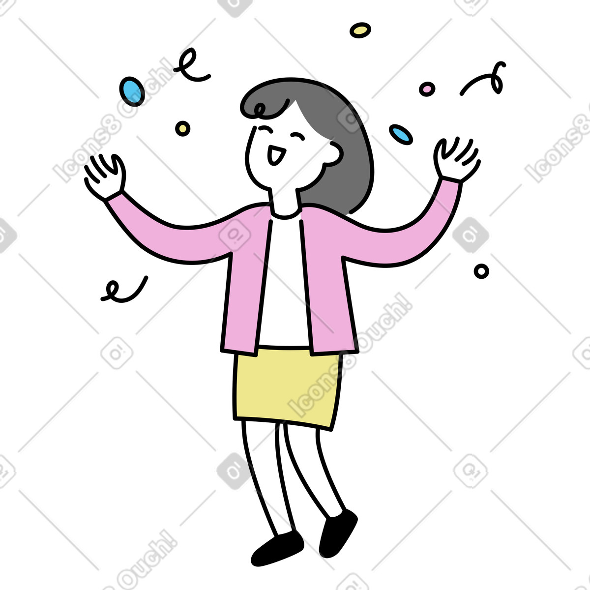 Иллюстрация Happy woman throwing confetti and celebrating success в стиле Mochi — скачать в форматах PNG, SVG