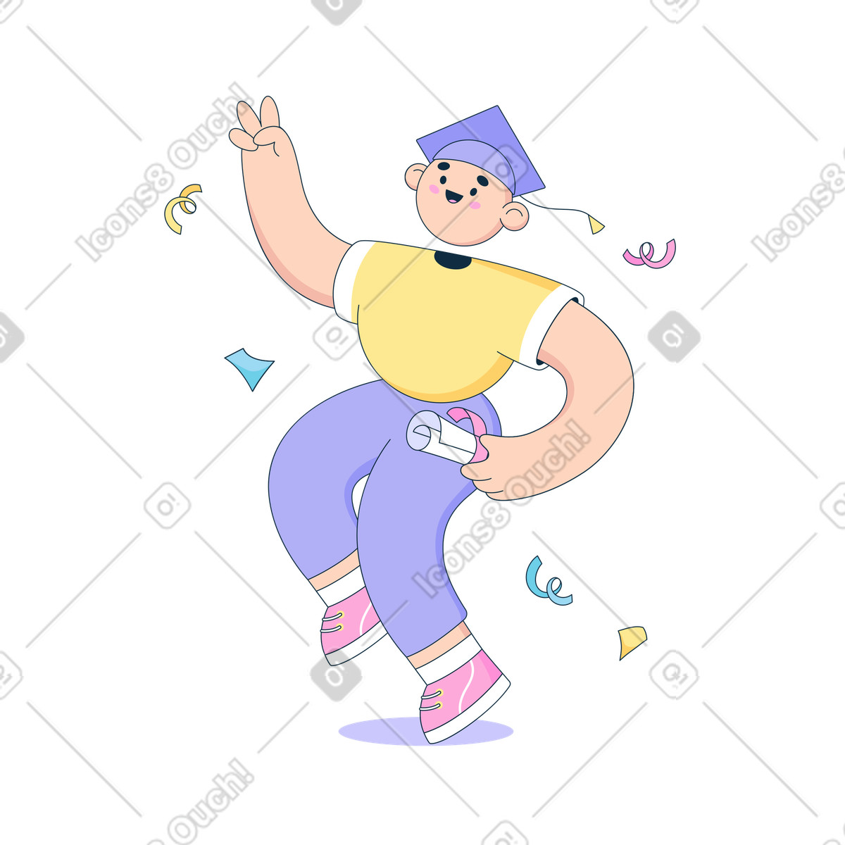 Lo studente è felice di ricevere un diploma alla laurea illustrazione in stile Bubble gum scarica in PNG, SVG