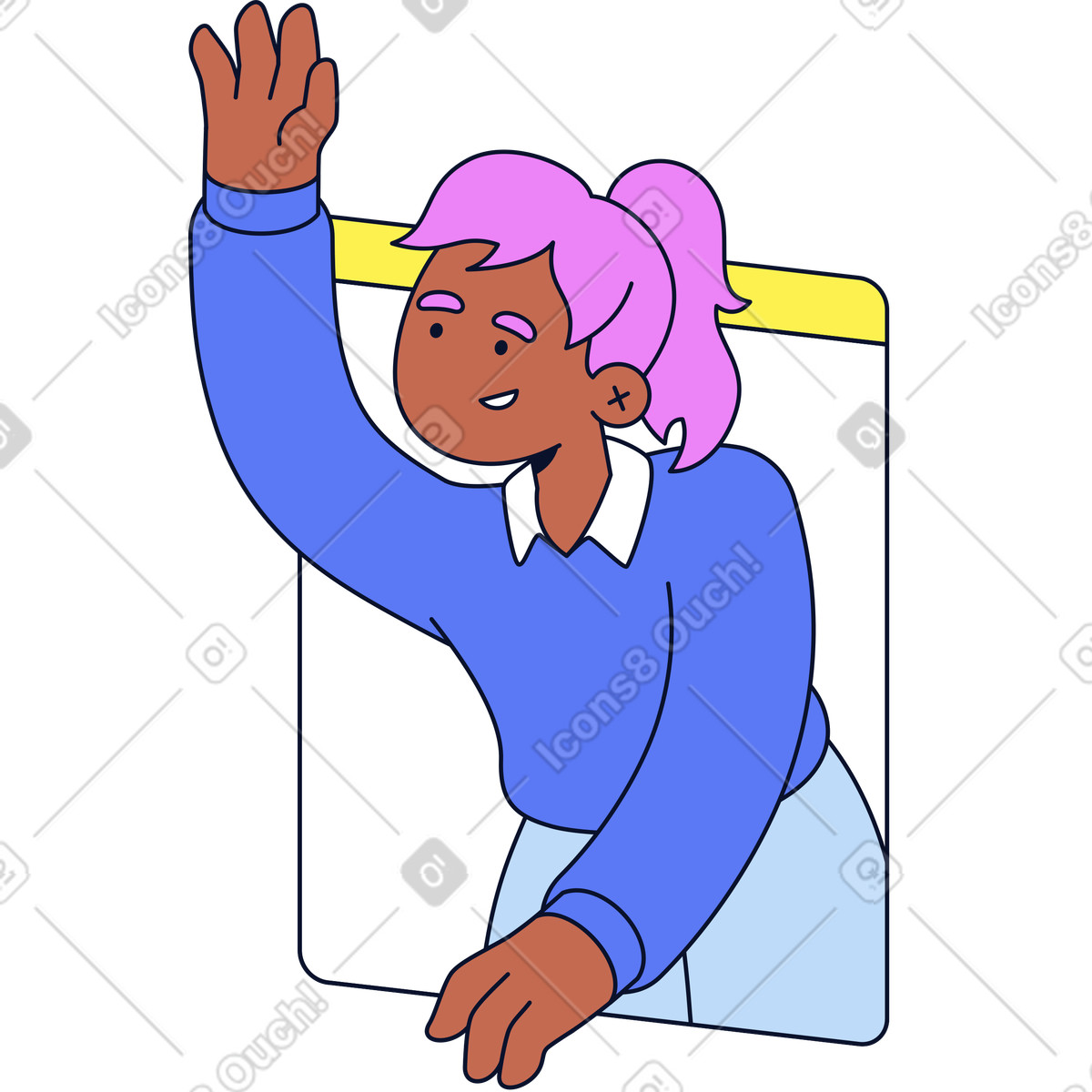 下载 Flexy 风格的 窗边的女人举起了手 插画，支持 PNG、SVG 格式