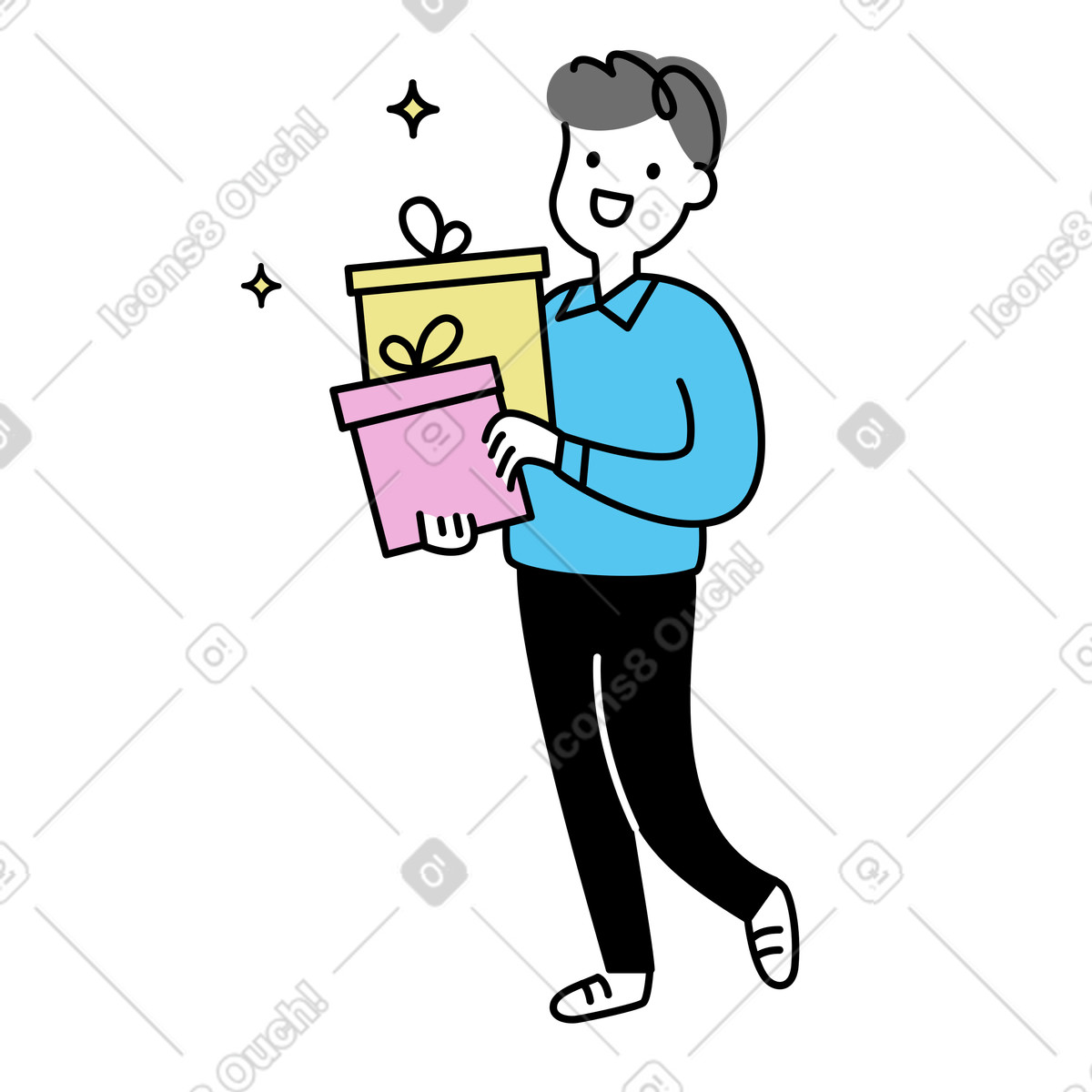 Illustration Smiling customer carrying gift boxes, Celebration or gift-giving dans le style Mochi à télécharger aux formats PNG, SVG