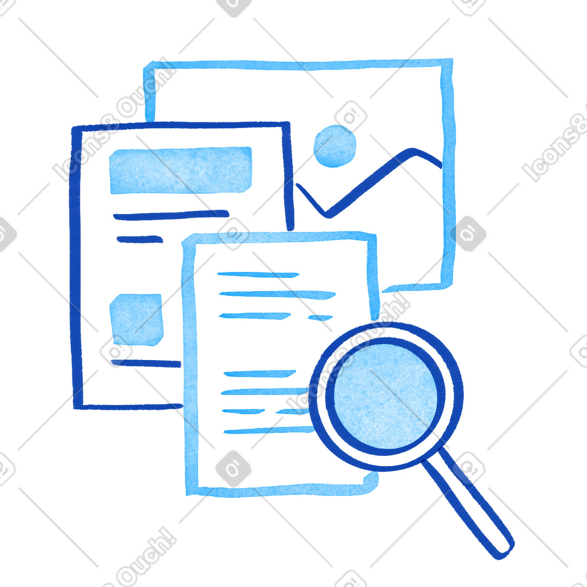 Illustration Magnifying glass searching digital documents and photo file for information dans le style Tint à télécharger aux formats PNG, SVG