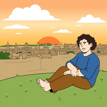 A young man named Jonah with light skin and curly dark hair is sitting on a grassy hill. He has a frustrated expression on his face, with furrowed brows and pursed lips. He is wearing a loose-fitting blue shirt and brown pants. Below the hill, the city of Nineveh is visible, with a collection of buildings, some with domes and towers, surrounded by a high, protective wall. The sky above is a mix of fluffy white clouds and a warm orange hue, indicating sunset. Jonah has his arms crossed over his knees, and a few wildflowers are scattered around him on the hillside.