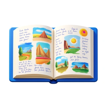 An open journal displaying colorful sketches and handwritten notes. The sketches include vibrant illustrations of various subjects like landscapes, still life, and abstract designs. The pages are filled with ink and pencil drawings, accompanied by annotations and reflections in different handwriting styles. Some pages feature watercolor splashes, adding to the overall artistic flair. The journal's cover is textured and slightly worn, indicating frequent use by the art student.