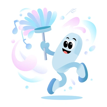 A cheerful cartoon mop with a smiling face and big eyes, dancing happily