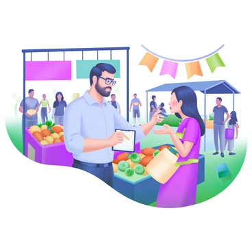 A busy market scene filled with various stalls and shoppers. In the foreground, a researcher is holding a clipboard and a pen, actively engaging with a person who is answering questions. The researcher is wearing a light blue shirt and glasses, while the interviewee, a middle-aged woman, is dressed in a colorful dress. Surrounding them are vibrant displays of fruits and vegetables, with a crowd of diverse shoppers and vendors in the background. Brightly colored banners hang above the market, and a few shoppers are seen carrying bags filled with goods.