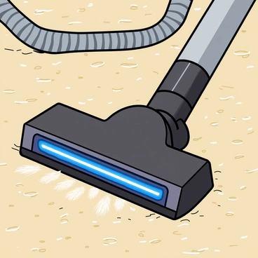 A close-up of a high-tech vacuum cleaner in action on a plush carpet. The vacuum cleaner has a sleek, modern design with a shiny metallic body and bright blue LED lights. Its brush head is in contact with the soft, textured surface of the carpet, and you can see dirt and debris being pulled in. The vacuum's hose is coiled neatly beside it, and there are fine fibers from the carpet visibly lifting as it cleans. Small particles are swirling in the air around the vacuum, highlighting its suction power.