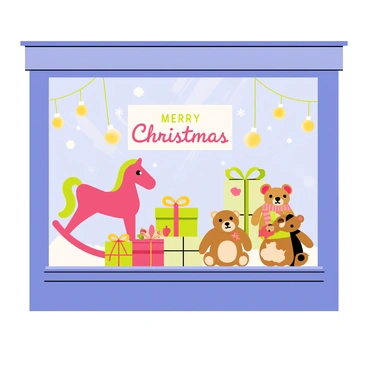 A storefront window display showcasing a variety of classic Christmas toys. The window is adorned with twinkling fairy lights, illuminating the scene. Inside, there are a red rocking horse, a vintage wooden train set, and a row of stuffed teddy bears wearing scarves. Snowflakes can be seen gently falling outside the window, adding to the festive atmosphere. A "Merry Christmas" sign is displayed prominently in the center of the window, surrounded by colorful gift boxes.