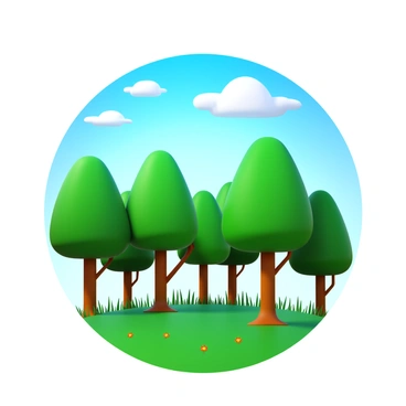 New trees with bright green leaves are sprouting in a restored forest area. The forest floor is covered with lush grass and small wildflowers. The sky above is clear and blue, with a few fluffy white clouds scattered throughout. Sunlight filters through the branches of the new trees, casting dappled shadows on the ground below.