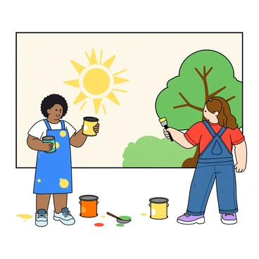 Two artists are standing side by side in front of a large blank wall, preparing to create a vibrant mural. The first artist has short curly hair and is wearing a bright blue paint-splattered apron over a white t-shirt. She is holding a can of yellow paint and is poised to start painting a sun with rays extending outward. The second artist has long straight hair tied back and is dressed in a red t-shirt with denim overalls. He is holding a green paintbrush and is adding details to a tree that he has already started. Both artists are focused on their work, and colorful paint splotches are scattered around on the ground, along with paint cans and brushes. The mural's design is a blend of their unique styles, with whimsical elements and bold colors coming together harmoniously.
