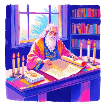 An old saint with a long white beard is seated at a wooden table in a dimly lit library. He is wearing a flowing robe adorned with intricate patterns. Around him, shelves are filled with ancient scrolls and leather-bound books. Soft light from several flickering candles illuminates his focused expression as he studies an open scroll, which is covered in faded texts and illustrations. The atmosphere is rich with the texture of aged parchment and the warmth of candlelight. In the background, a tall window reveals the silhouettes of trees outside, adding to the serene ambiance.