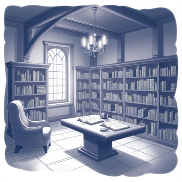 A quiet medieval library filled with tall wooden shelves that reach towards the ceiling. The shelves are lined with numerous ancient books and scrolls, some with intricate leather bindings and gold embossing. A large wooden table stands in the center of the room, covered with an open manuscript and a quill resting beside an inkpot. Soft light filters through a stained glass window, casting patterns on the stone floor. Dark wooden beams support the ceiling, and a large, ornate chandelier hangs above, illuminating the space. A plush, worn armchair sits in a corner, inviting visitors to sit and read.