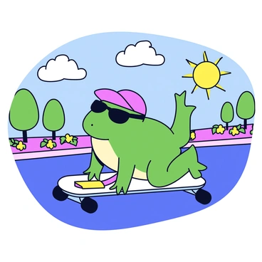 A green frog with a sleek body is riding a skateboard down a street. The frog is wearing dark sunglasses and a bright red cap tilted to one side. The sun is shining brightly, casting shadows on the pavement. Sidewalks lined with small trees and colorful flowers frame the street. There are few fluffy clouds in the blue sky. The skateboard is colorful with a graphic design on it.