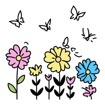 A flower garden filled with various types of flowers, showcasing bright colors like red, yellow, and blue. The flowers are in full bloom, displaying their distinct shapes and patterns. Several butterflies are fluttering around the garden, featuring wings with intricate designs. The scene captures the lively interaction between the flowers and the butterflies, enhancing the garden's beauty.
