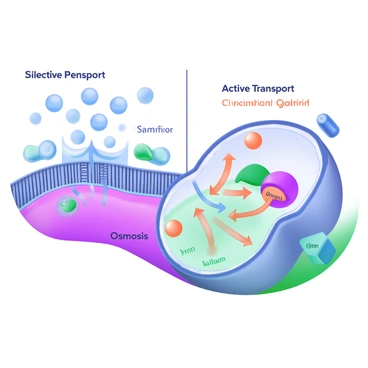 A modern pastel illustration depicting a side-by-side comparison of osmosis and active transport in cells. On the left, a large cell membrane shows water molecules moving through a selectively permeable membrane, labeled with the word "Osmosis." The water molecules are illustrated as blue droplets, flowing from an area of high concentration to low concentration. On the right, another cell membrane displays the process of active transport, with arrows indicating movement against the concentration gradient. This side includes colorful ions, such as red sodium and green potassium, being transported by a protein pump, which is labeled "Active Transport." Each process is visually distinct, clearly illustrating these cellular mechanisms.