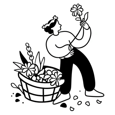 A person with their hands skillfully weaving a crown made from freshly budding flowers. The scene is set outdoors, with various types of flowers being utilized, showing their intricate petals and stems. The person's body is slightly bent as they focus on their work, surrounded by scattered petals and leaves. A few flowers are already strung together in a circular shape, while others remain in a basket nearby, ready to be added to the crown.
