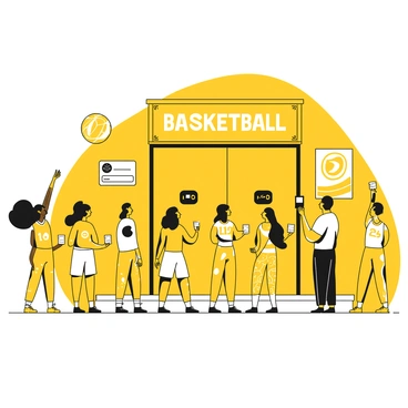 A group of fans standing in line at the entrance of a basketball arena, eagerly waiting to enter. Each fan is holding a ticket in their hand, scanning it at a digital ticket scanner next to a large entrance. The fans are dressed in various team jerseys and apparel, showcasing their support. A large banner with the name of the team is visible above the entrance, adding to the excitement of the atmosphere. The floor is paved with concrete, and colorful posters of players are displayed around the entrance area.