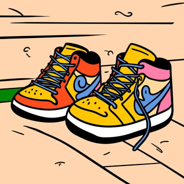 Close-up of a pair of colorful basketball shoes with vibrant patterns and bright colors placed on a worn wooden court. The wooden surface shows visible signs of use, with scratches and scuffs, enhancing the dynamic atmosphere. The laces of the shoes are tightly tied, and the shoes display a modern design with unique details.