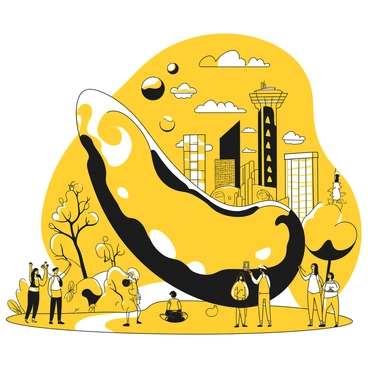 A large, shiny sculpture resembling a kidney bean stands at the center of a vibrant urban environment. The sculpture reflects a modified cityscape with unique, unconventional buildings featuring imaginative architecture. In the foreground, people of various ages and backgrounds are interacting, some taking pictures of the reflection while others are admiring the surroundings. The sky above is filled with various fantastical elements, such as floating structures and unusual clouds, adding to the dreamlike atmosphere of the scene. Surrounding the sculpture, lush greenery and pathways create a contrast with the urban setting.