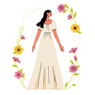 A lady with long flowing hair is standing gracefully in the center of the image. She is wearing an elegant gown adorned with intricate floral patterns. Surrounding her are vibrant blossoms in various shades of pink, yellow, and green, which weave together to create an enchanting floral border. The flowers include roses and lilies, curling and twisting as they frame the scene. The background features delicate, swirling lines that add movement and depth to the overall composition.