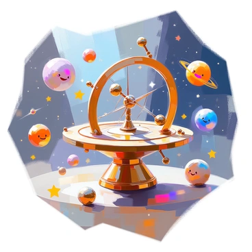 A whimsical scene featuring a giant astrolabe at the center, intricately designed with brass and bronze elements. Surrounding the astrolabe, various animated celestial bodies are swirling, including smiling stars, playful planets with distinct colors and patterns, and cheerful comets with tails of shimmering light. The background is a deep, cosmic blue, dotted with twinkling stars, adding to the enchanting atmosphere. Each celestial body has a unique expression, conveying a sense of joy and playfulness as they dance around the astrolabe.