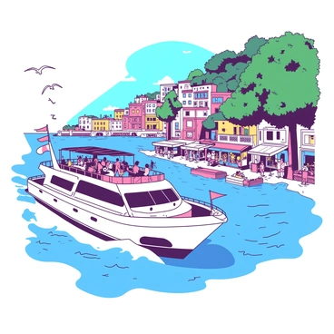 A white ferry boat approaches a bustling Capri port, cutting through the water with gentle waves. The ferry is adorned with colorful flags fluttering in the breeze. On the deck, tourists with excited expressions are leaning over the railings, eagerly watching the picturesque island draw closer. The port is filled with vibrant shops and cafes, with people milling about on the docks. The shoreline features charming buildings with colorful facades, and lush greenery is visible on the hills behind the port. The atmosphere is lively with the sounds of chatter and seagulls.