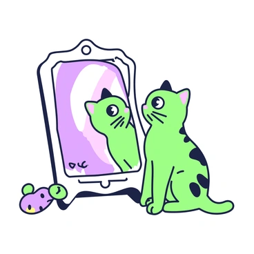 A Bengal cat with distinct spotted fur is sitting in front of a mirror, gazing curiously at its own reflection. The cat's ears are perked up, and its bright eyes are wide with intrigue. The mirror has an ornate frame, and the reflection shows the cat's playful demeanor. To the side, a small, colorful toy mouse lies on the floor, adding to the scene's lively atmosphere. The room is softly lit, highlighting the cat's striking markings and the shiny surface of the mirror.