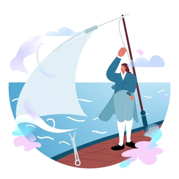 Benjamin Franklin stands on the deck of a sailing ship, dressed in period-appropriate attire including a waistcoat and breeches. The ship's sails are unfurled, catching the wind, and the waves of the ocean are visible in the background, creating a sense of movement. Franklin is gazing out at the vast expanse of water, with a distant horizon meeting the sky. The ocean reflects gradient pastel colors of blue and pink, while the ship's wooden deck contrasts with the colors of the sea. Additional elements include ropes and sails nearby, enhancing the nautical atmosphere.