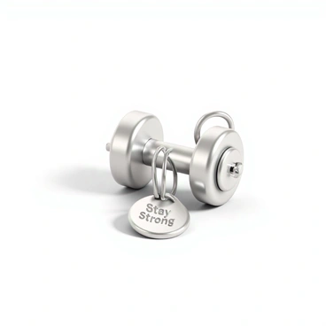 A keychain, featuring a shiny silver miniature dumbbell, polished to a high shine. Attached to the dumbbell is a small, circular motivational charm, engraved with the words "Stay Strong" in bold letters. The keychain is made of durable metal, and it hangs from a sturdy silver ring. The overall composition is centered and focused on the keychain, showcasing the intricate details of both the dumbbell and the charm.