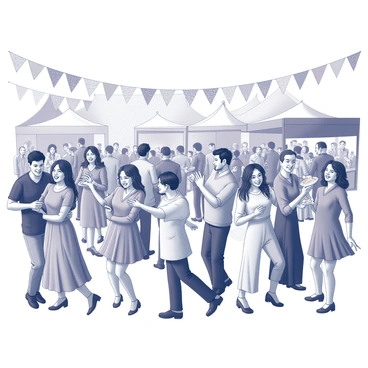 A vibrant festival scene filled with a diverse group of people engaging in celebration. Individuals from various cultures are gathered, showcasing traditional attire and expressions of joy. Some are dancing, while others are enjoying food from different cuisines. Colorful banners and decorations adorn the area, adding to the festive atmosphere. The background features booths with cultural displays and a stage where performers share music and dance from their heritage. The expressions of unity and happiness among the participants are evident as they interact and celebrate together.