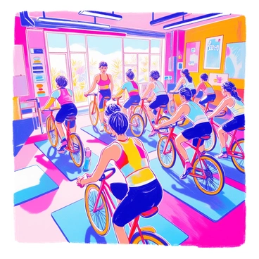 A group of cyclists is racing on stationary bikes inside a brightly lit indoor cycling class. Each cyclist is wearing colorful workout attire, showcasing a variety of patterns and designs. The bikes are arranged in a semi-circle, facing an instructor who is energetically leading the class at the front. The instructor is wearing a tank top and has a motivating expression, encouraging the participants. The background features vibrant banners and motivational posters on the walls, creating an energetic atmosphere. The floor is covered with exercise mats, and there are water bottles placed strategically near each bike.
