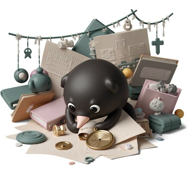 A small niffler, with dark, shiny fur and a long snout, is energetically digging through a pile of dusty old items in an attic. The niffler's eyes are bright with curiosity as it uncovers a "lost antique pocket watch." The pocket watch is ornate, featuring intricate engravings and a brass finish, partially buried under some old papers and a worn-out leather book. In the background, there are cobwebs draping from the rafters and various antique objects scattered around, creating a sense of a long-forgotten space filled with treasures. The niffler looks excited, clutching the pocket watch in its paws, surrounded by an array of vintage items.