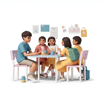 A child, wearing a blue t-shirt and khaki shorts, is sitting alone at a school lunch table. The child's expression is pensive, with a slight frown as they look towards a nearby group of friends. The group consists of three children: one is wearing a red hoodie, another has a green backpack, and the third is in a yellow dress. They are all laughing and chatting animatedly. The lunch table is surrounded by colorful lunch boxes and scattered food items. The background features lockers and colorful bulletin boards, highlighting the school environment.