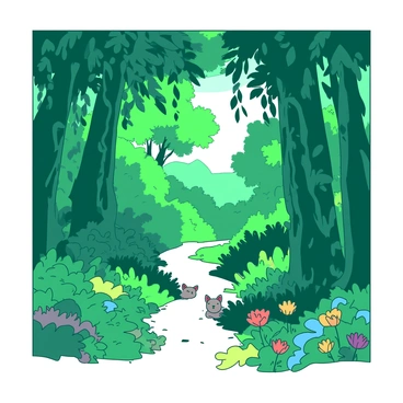 A narrow path winds through a dense jungle filled with towering green trees and thick vines hanging down from the branches. The foliage is lush, with various shades of vibrant green creating a rich texture. Sunlight filters through the canopy, casting dappled shadows on the ground. The path is lined with colorful flowers in different hues, adding a burst of color to the greenery. Small, curious animals peek out from behind the foliage, adding life to the scene.