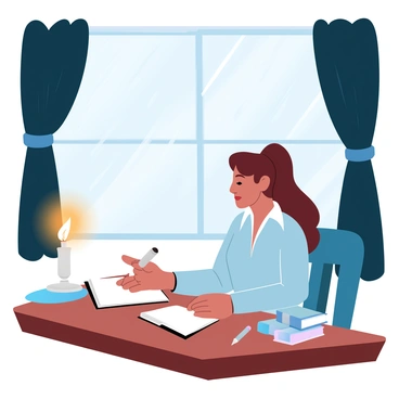 Mary Shelley reflecting by a candlelit window, rain trickling down the glass.