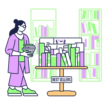 A librarian is standing near the library entrance, curating a display of best-selling books. She has long hair pulled back into a neat bun and is wearing glasses. In her hands, she holds a stack of colorful books, ready to arrange them on a wooden display stand. The display stand is positioned next to a large window that allows natural light to illuminate the space. Various best-selling titles are prominently featured, and a small sign on the stand reads "Best Sellers." Behind her, shelves filled with books are visible, creating a vibrant library atmosphere.