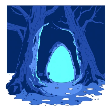 A glowing portal is situated between two towering ancient trees in a shadowy forest. The portal emits a soft blue light that contrasts with the surrounding darkness of the forest. The bark of the trees is gnarled and textured, with patches of moss and small fungi clinging to them. The forest floor is covered with fallen leaves and twigs, while faint shadows dance around as the light from the portal flickers. The trees arch over the portal, their branches intertwining and creating a natural frame that enhances the mystical atmosphere.