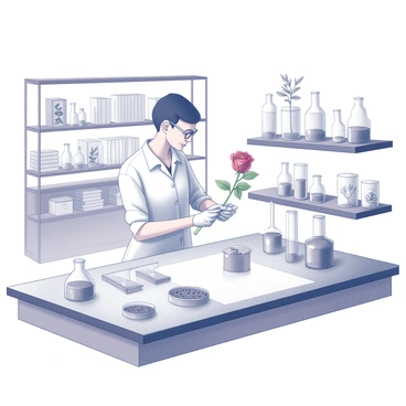 A laboratory setting with a clean workbench equipped with various tools and equipment for plant biology. In the center, a person is carefully holding two different rose stems, each with distinct characteristics such as varying petal shapes and sizes. There are glass beakers filled with nutrient solutions and petri dishes containing soil samples. Soft light illuminates the workspace, highlighting the fine details of the rose stems and the delicate process of hybridization. The background displays shelves filled with scientific books and plant specimens in glass containers.