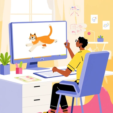 A digital artist sits at a desk with a large computer monitor displaying a vibrant animation of a cat mid-jump. The cat is fluffy with orange and white fur, its tail arched high, and its paws outstretched. The artist, wearing glasses and a colorful shirt, is focused on the screen, using a graphics tablet with a stylus in hand. Surrounding the artist are sketches and notes about the animation, with bright colors and playful designs. The room is filled with art supplies, and a window lets in warm sunlight.