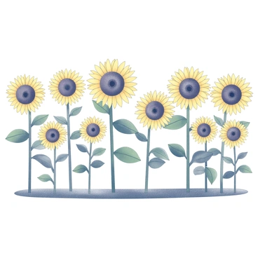 A border made up of sunflowers, each one standing tall with large, round yellow petals arranged in a circular pattern around a dark center. The sunflowers are oriented towards a light source, creating a sense of uniform directionality. The stems are green and sturdy, contrasting with the yellow petals. The background is simple, allowing the sunflowers to dominate the composition, creating a lively and vibrant scene.
