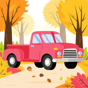 A red truck parked beside a dirt path in an autumn forest. The truck has shiny chrome details and is surrounded by a blanket of vibrant orange and yellow leaves scattered on the ground. Tall trees with changing leaves create a colorful canopy overhead, with sunlight filtering through the branches. A few acorns and pinecones are visible among the leaves near the truck's tires.