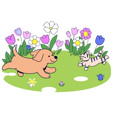 A playful puppy with fluffy fur and floppy ears is chasing a tiny kitten with soft, striped fur. The scene takes place in a sunny backyard filled with colorful flowers in various shapes and sizes. The sunlight creates bright patches on the green grass, where the puppy and kitten are playfully darting around each other. There are daisies, tulips, and roses scattered throughout the yard, adding vibrant colors to the setting. The puppy barks happily while the kitten pounces playfully, both animals full of energy and joy.