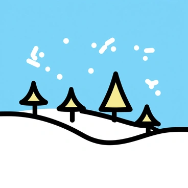 A flat illustration of a wintery landscape featuring a snow-covered ground. There are several "trees" with simple geometric shapes, each adorned with "stylized snowflakes" falling gently from the sky. The sky is a solid light blue, creating a stark contrast with the white snow below. The overall composition is minimalistic, focusing on the clean lines of the trees and the delicate shapes of the snowflakes.