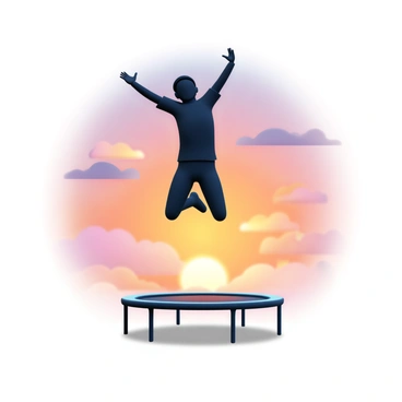 A silhouette of a person in mid-air, captured while jumping on a trampoline. The person's arms are raised above their head, and their legs are bent at the knees. The background features a stunning sunset with vibrant hues of orange, pink, and purple blending together in the sky. The sun is partially visible, casting a warm glow, while wispy clouds are scattered throughout the scene. The trampoline is positioned prominently in the foreground, with its outline sharply defined against the illuminated sky.