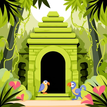 A hidden jungle temple made of mossy stone blocks with intricate carvings on the walls. The temple is partially obscured by thick green foliage, including large leaves and vines hanging down from the trees. Brightly colored flowers peek through the dense vegetation. Sunlight filters through the canopy above, casting dappled light on the temple's entrance. Small creatures, like a parrot and a monkey, can be seen nearby, adding life to the scene.